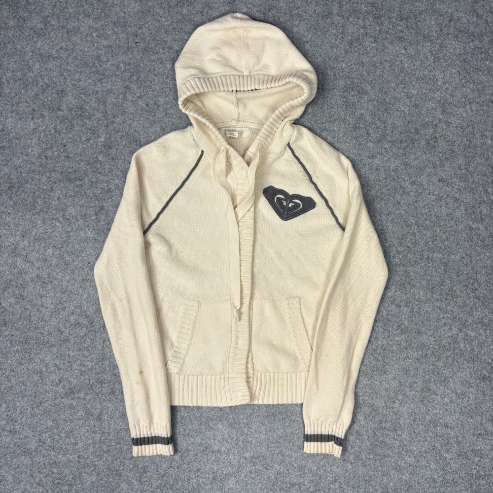 Roxy Knit Hooded Cardigan Sweater Cream Button Front Heart Logo Mens Large
